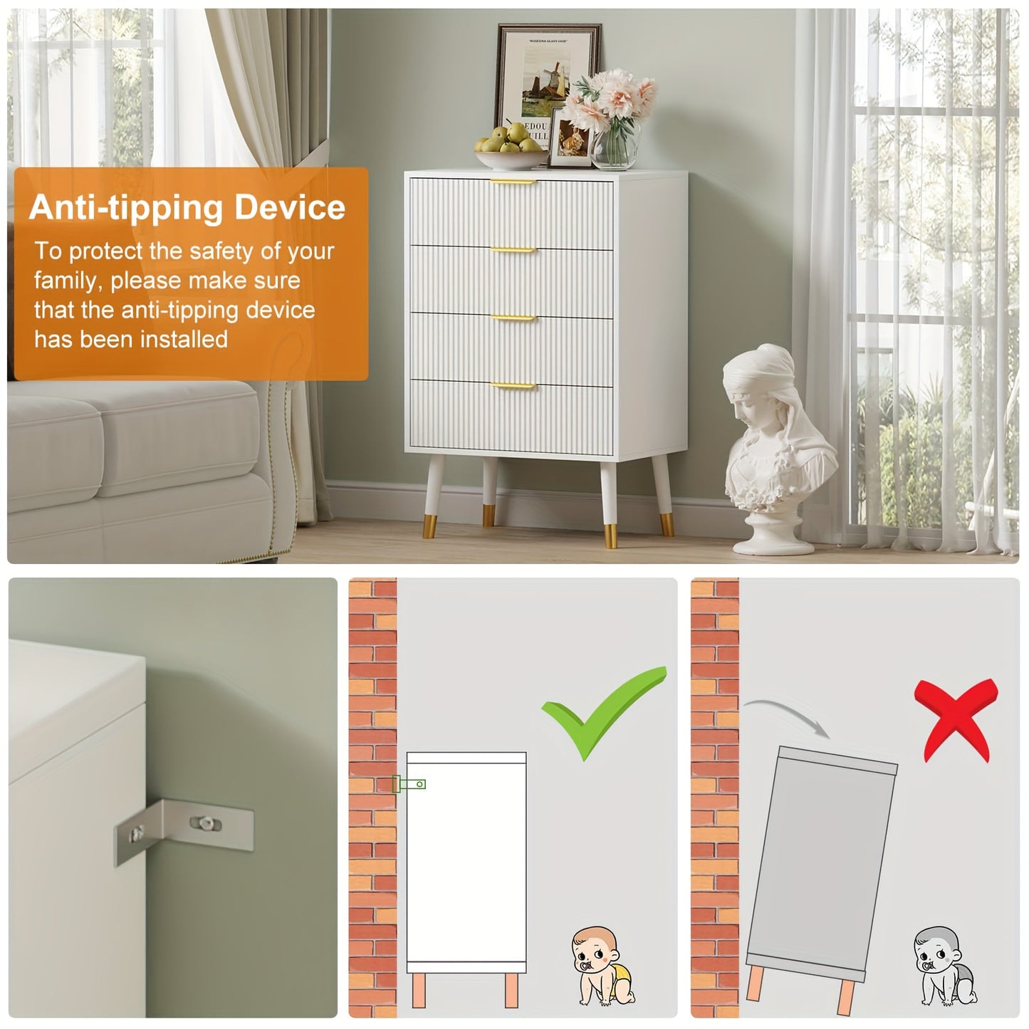 Commode – Ladekast – Dressoir – Kast – Nachtkastje – Wit – Gouden Accenten – 4 Lades – Compact & Ruimtebesparend