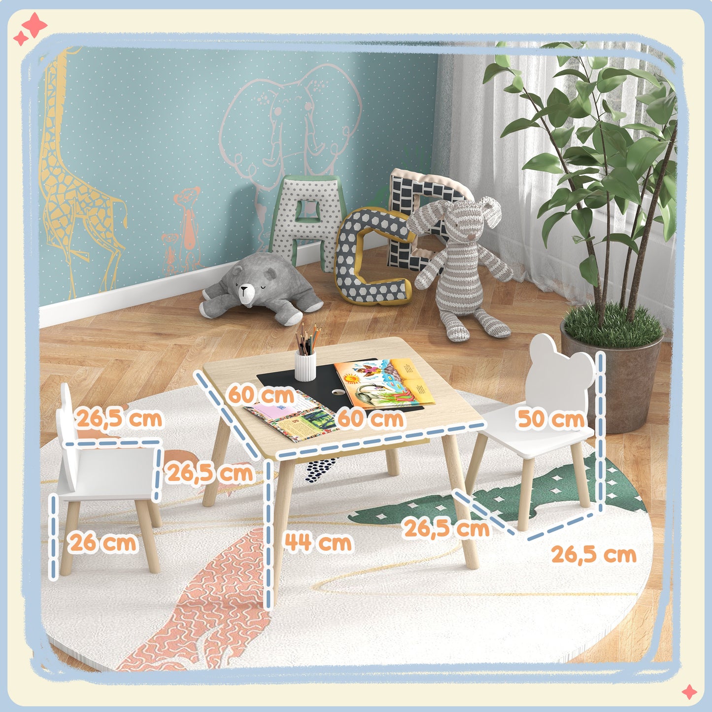 Speelmeubel Kindermeubel Tafelset Kinderstoel Tafel Voor Kinderen – Natuurlijke Houtlook – Krijtbord Reversibel Tafelblad – Handige Opbergruimte