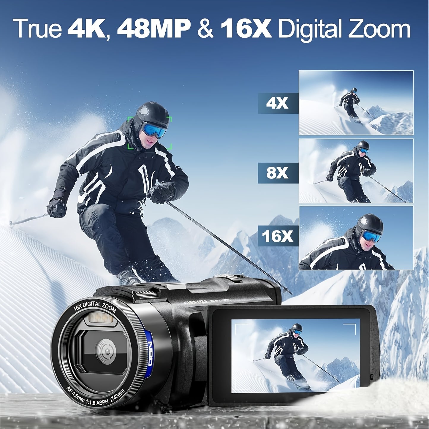 Vlogcamera – Videocamera – Compactcamera – Camcorder – Fotocamera – 4K Ultra HD Video – 48 Megapixels – Wi-Fi & App-bediening – 16x Zoom – 270° Kantelbaar IPS Scherm – Externe Microfoonaansluiting – 3x Langere Batterijduur
