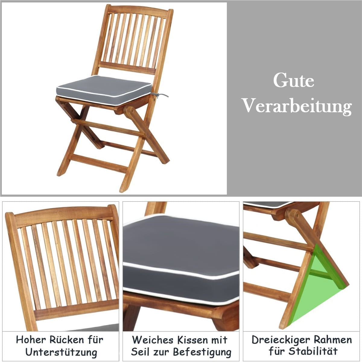 Balkontafelset – Balkontuinset – Bistroset – Tuinmeubelset – Terrasmeubel – Inklapbaar Acaciahouten Design – Inclusief Zachte Zitkussens