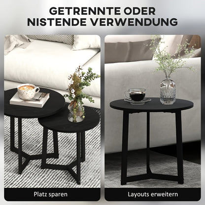 Expandable Stackable 2pcs Round Coffee Table & Side Table Set - Space-Saving Modern Sofa Table for Small Spaces, Expandable Table Suitable for Living Room, Bedroom, Compact Apartments - Assembly, Black Furniture
