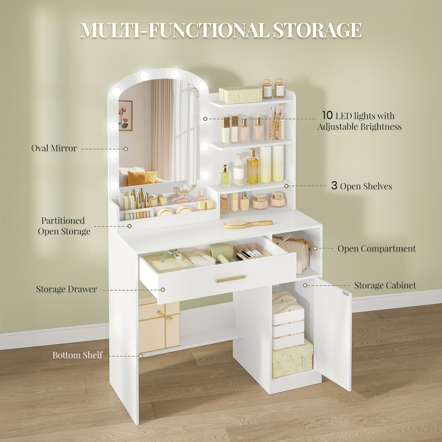 Toilettafel – Kaptafel – Make-up Tafel – Opmaaktafel – Dressoir – Ruime Opbergruimte en Anti-kantelbeveiliging – Compacte Witte MDF Spaanplaat Kaptafel met Ovale Spiegel en Gouden Poten