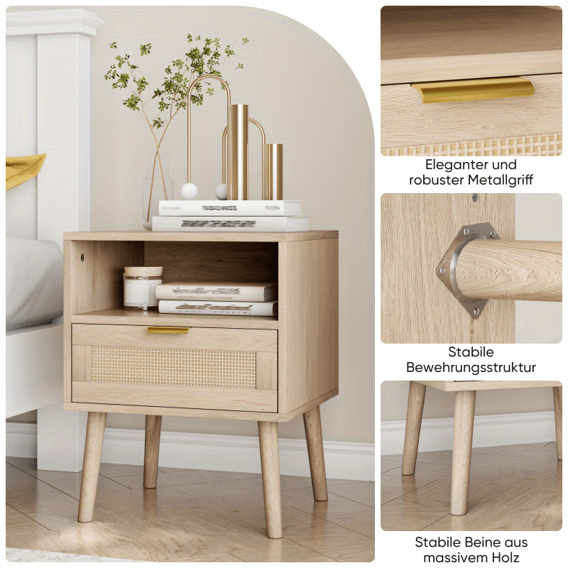 Nachtkastje – Bedkastje – Bijzettafel – Ladekastje – Tafel – Bohemian Stijl – Licht Eikenlook – Open Plank – Compact 45x40x55 cm