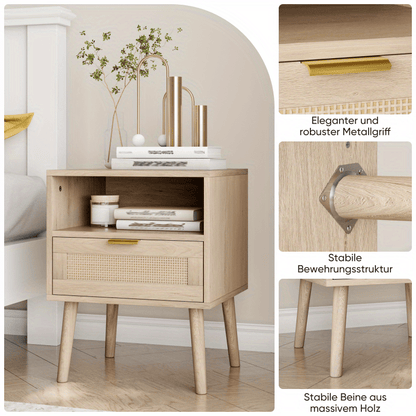 Nachtkastje – Bedkastje – Bijzettafel – Ladekastje – Tafel – Bohemian Stijl – Licht Eikenlook – Open Plank – Compact 45x40x55 cm