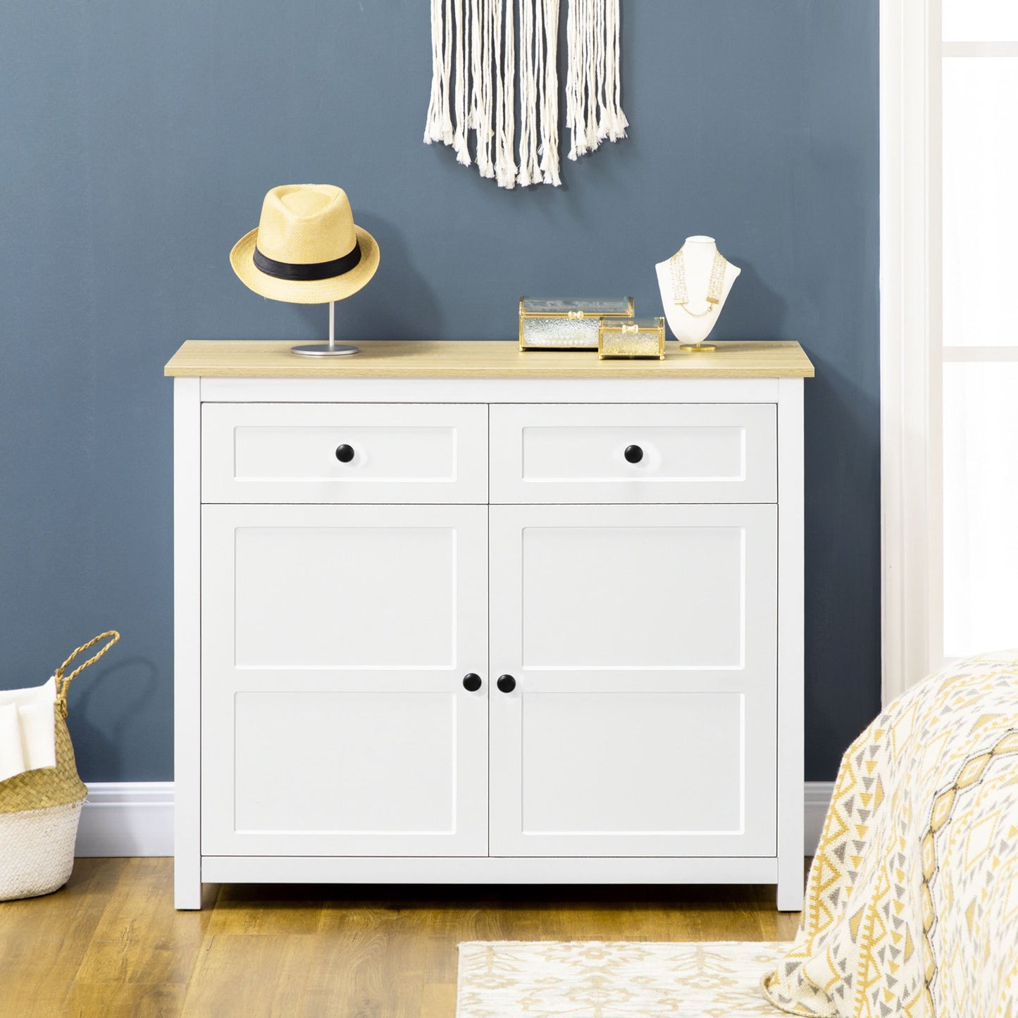 Dressoir – Opbergkast – Sideboard – Buffetkast – Ladekast – 2 Deuren & 2 Laden – Verstelbare Plank – 100x40x85 cm – Wit Houtlook