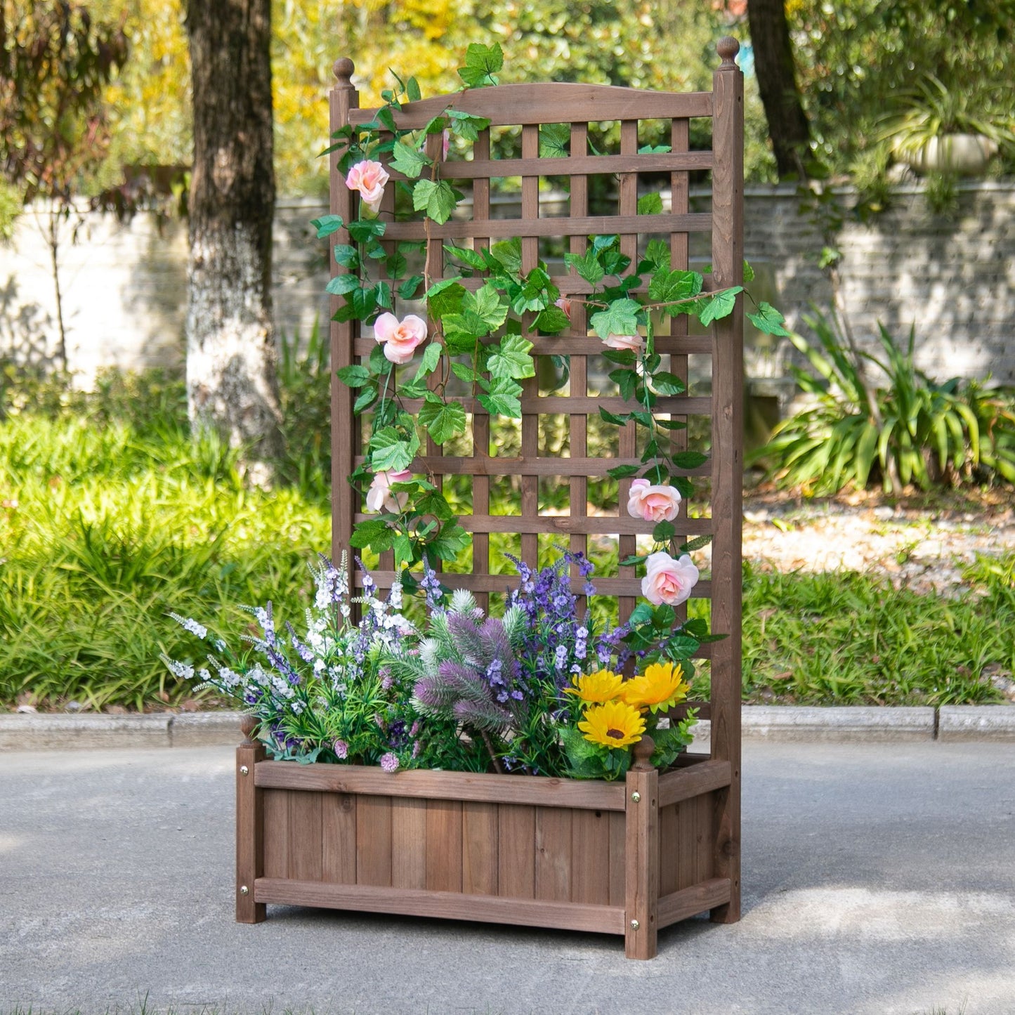 Bloembak – Plantenbak – Bloempot – Plantenbak Met Latwerk – Tuinbak – Houtlook – 64x28x120 cm – Inclusief Irrigatie-inzetstukken
