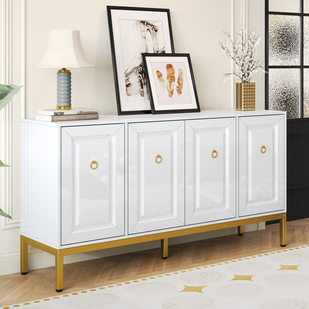 Dressoir – Sideboard – Opbergkast – Ladekast – Wandkast – Hoogglans Wit – Gouden Accenten – 140x80x40 cm – Ruime Opbergruimte