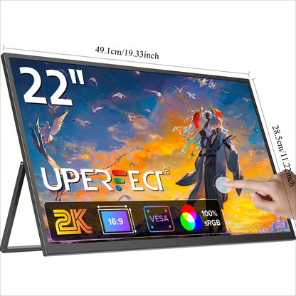 22" Draagbare Monitor – Touchscreen Monitor – Tweede Scherm – Mini Monitor – Laptop Extender – 2K QHD Resolutie – 10-Punts Touch – VESA Montage & 180° Verstelbare Standaard