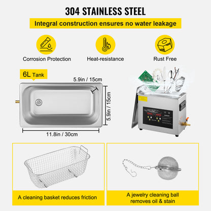 Ultrasone Reiniger – Ultrasoon Reinigingsapparaat – Sieradenreiniger – Brillenreiniger – Horlogereiniger – 6 Liter Capaciteit – Instelbare Verwarming en Timer