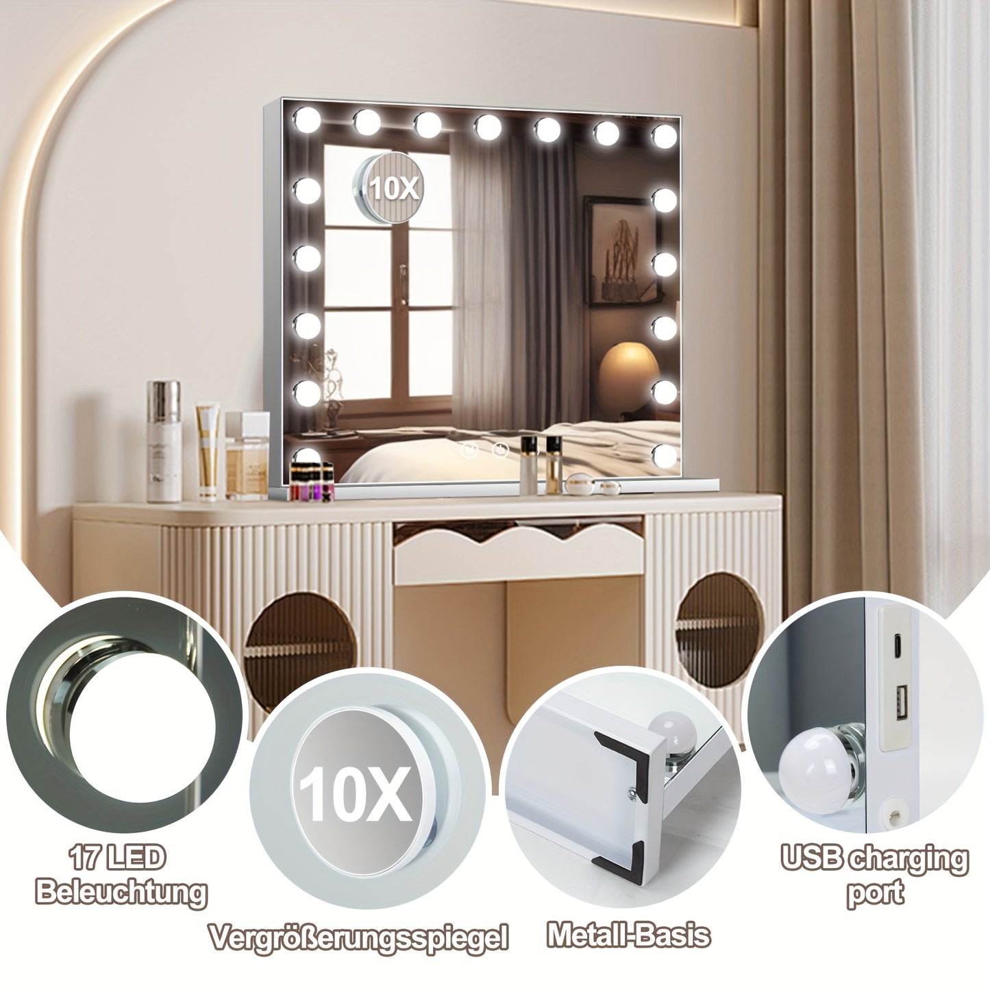 Hollywood Make-up Spiegel – Make-up Spiegel Met Lampen – Schminkspiegel – Beauty Spiegel – Tischspiegel – 17 Dimbare LED Lampen – 80x60 cm Met USB Oplaadfunctie – 10x Vergrotende Spiegel – Wit