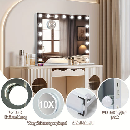 Hollywood Make-up Spiegel – Make-up Spiegel Met Lampen – Schminkspiegel – Beauty Spiegel – Tischspiegel – 17 Dimbare LED Lampen – 80x60 cm Met USB Oplaadfunctie – 10x Vergrotende Spiegel – Wit