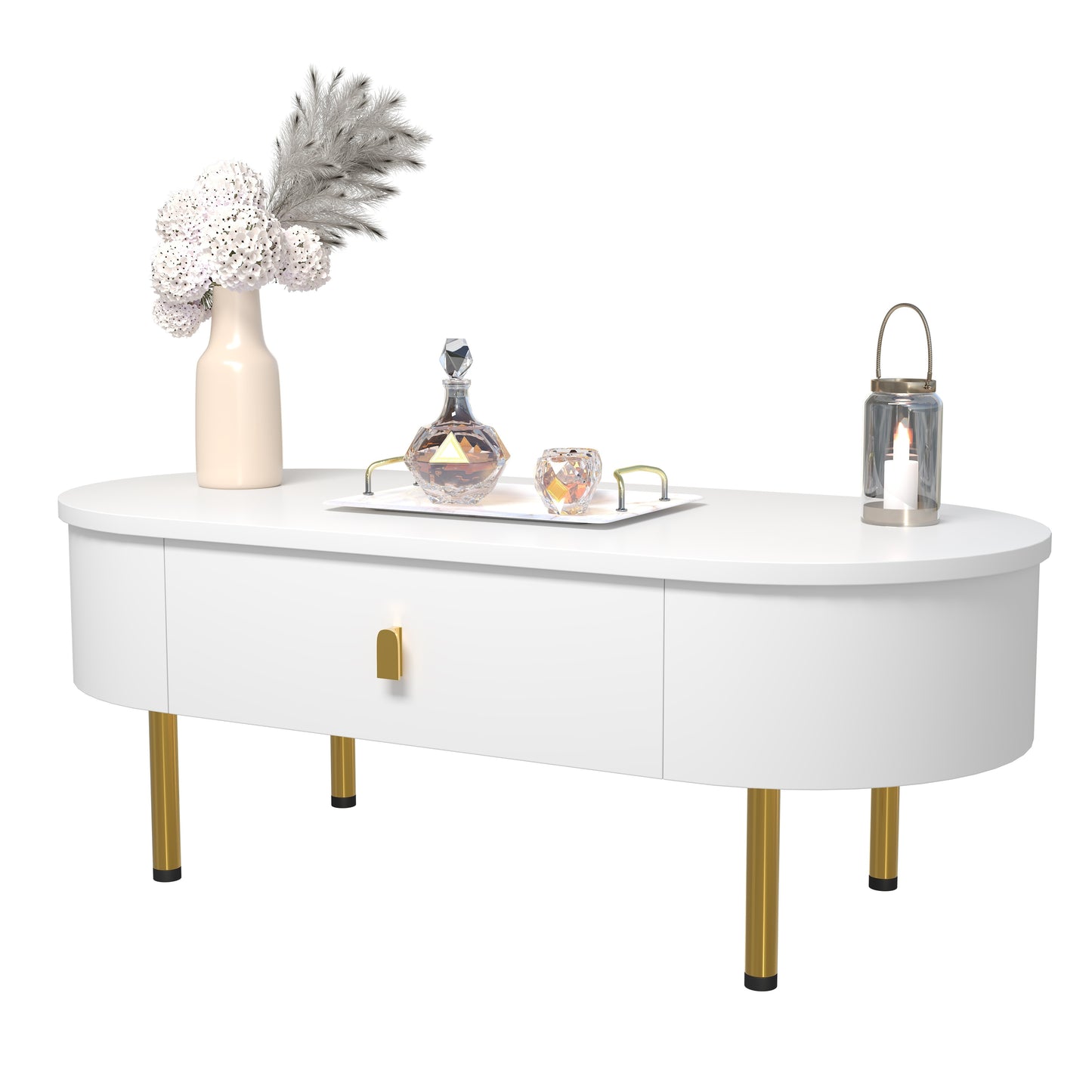 Salontafel – Woonkamertafel – Koffietafel – Bijzettafel – Tafel – Metaal – Wit – Met 2 Laden – Gouden Details