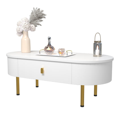 Salontafel – Woonkamertafel – Koffietafel – Bijzettafel – Tafel – Metaal – Wit – Met 2 Laden – Gouden Details