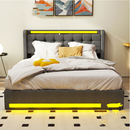 140x200cm/160x200cm Modern Grey Upholstered Ottoman Bed with Hydraulic Lift & Underbed Storage, Surround LED Lighting - Gas Lift Bed Frame Suitable for Small Spaces, Assembly, No Mattress Included