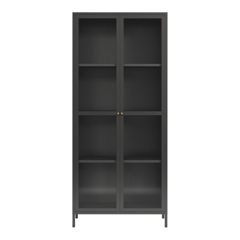 Vitrinekast – Vitrinekasten – Opbergkast – Displaykast – Glasdeurkast – Zwart – Staal – 180x80x35 cm – 4 Legplanken – Geribd Glas