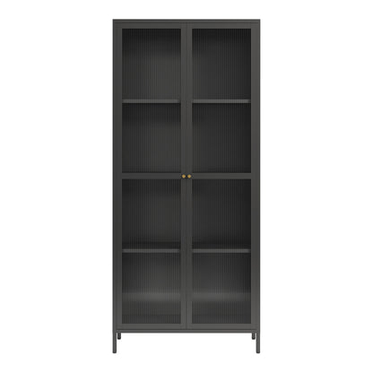 Vitrinekast – Vitrinekasten – Opbergkast – Displaykast – Glasdeurkast – Zwart – Staal – 180x80x35 cm – 4 Legplanken – Geribd Glas