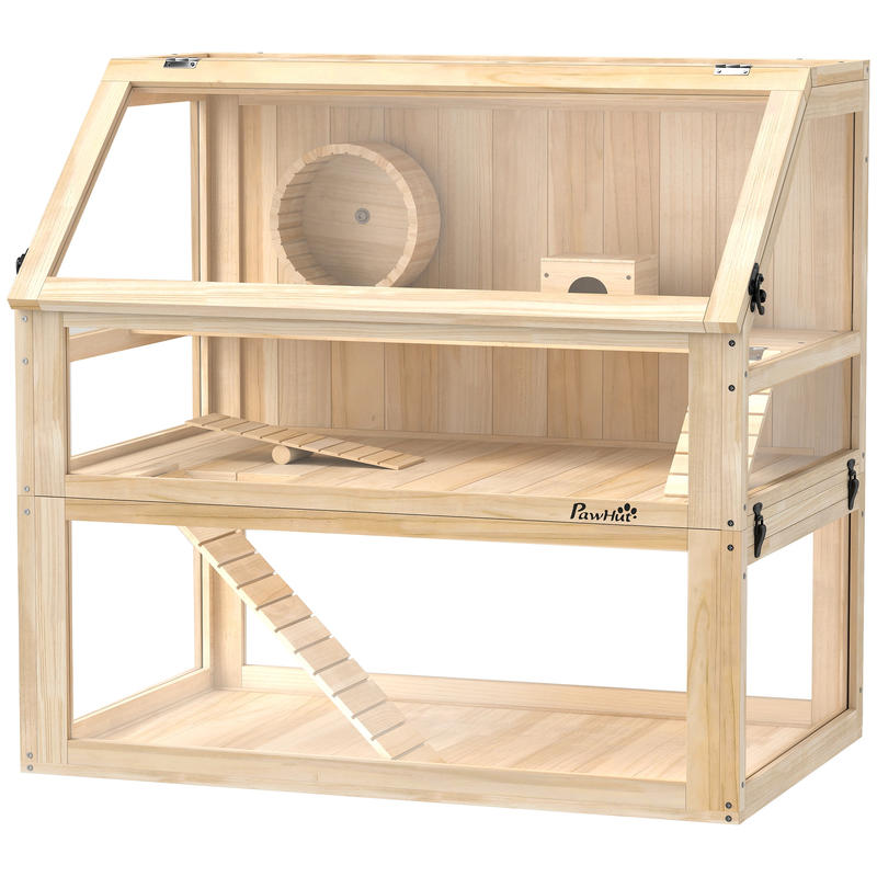 3-Tier Wooden Hamster Cage Hinged Lid Running Wheel, Gerbil Cage, Hamster Cage Large, Hamster Enclosure, Hamster Supplies, Small Animal Cage, Cages For Small Animals, Hamster Habitat, Hamster Wheel, Hamster Hide, Hamster Tank