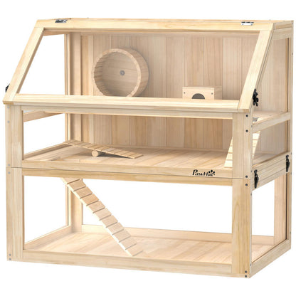 3-Tier Wooden Hamster Cage Hinged Lid Running Wheel, Gerbil Cage, Hamster Cage Large, Hamster Enclosure, Hamster Supplies, Small Animal Cage, Cages For Small Animals, Hamster Habitat, Hamster Wheel, Hamster Hide, Hamster Tank