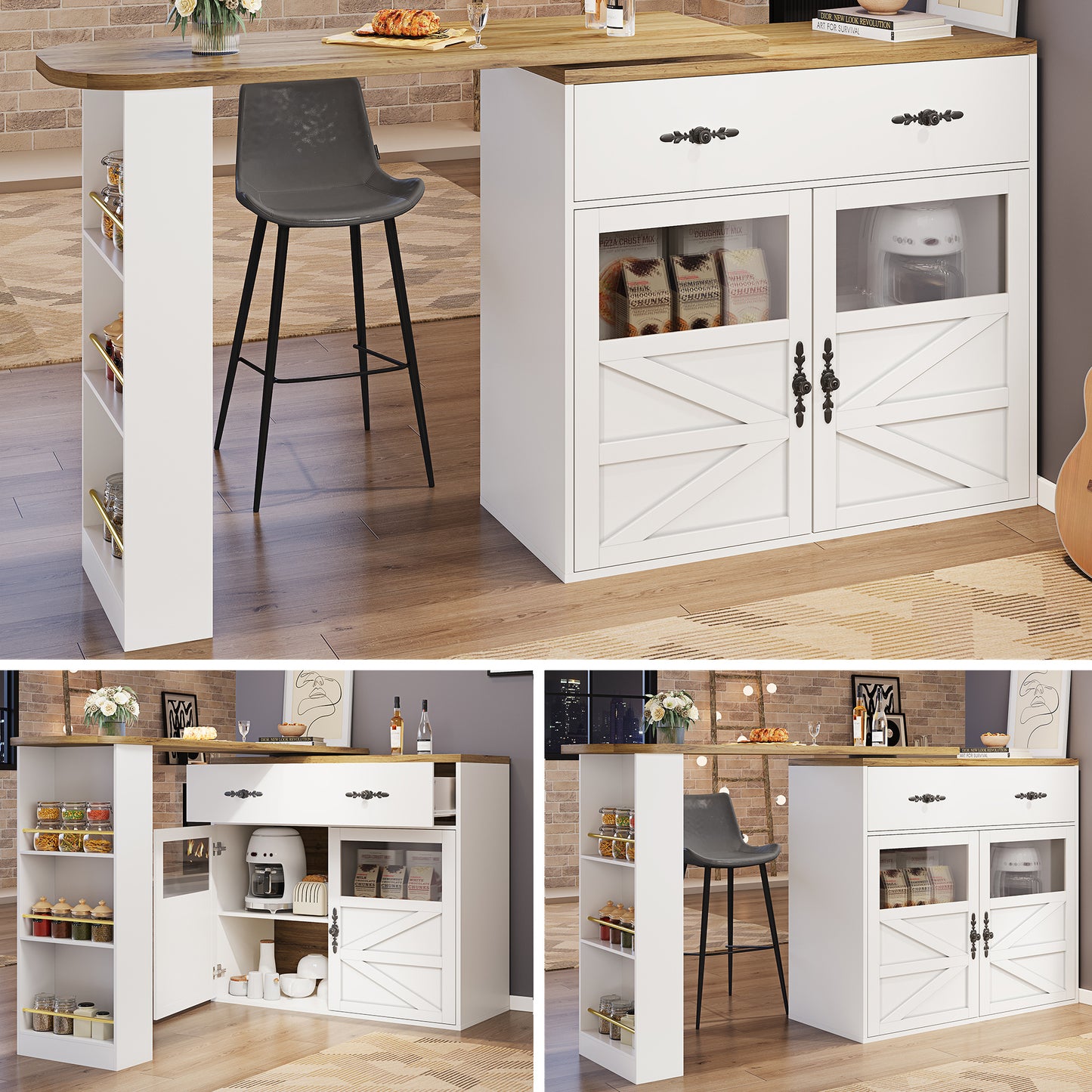 Bartafel – Bistrotafel – Barmeubel – Keukentafel – Uitklapbare Tafel Wit – 360° Draaibaar Blad – Uitschuifbaar 138-204 cm