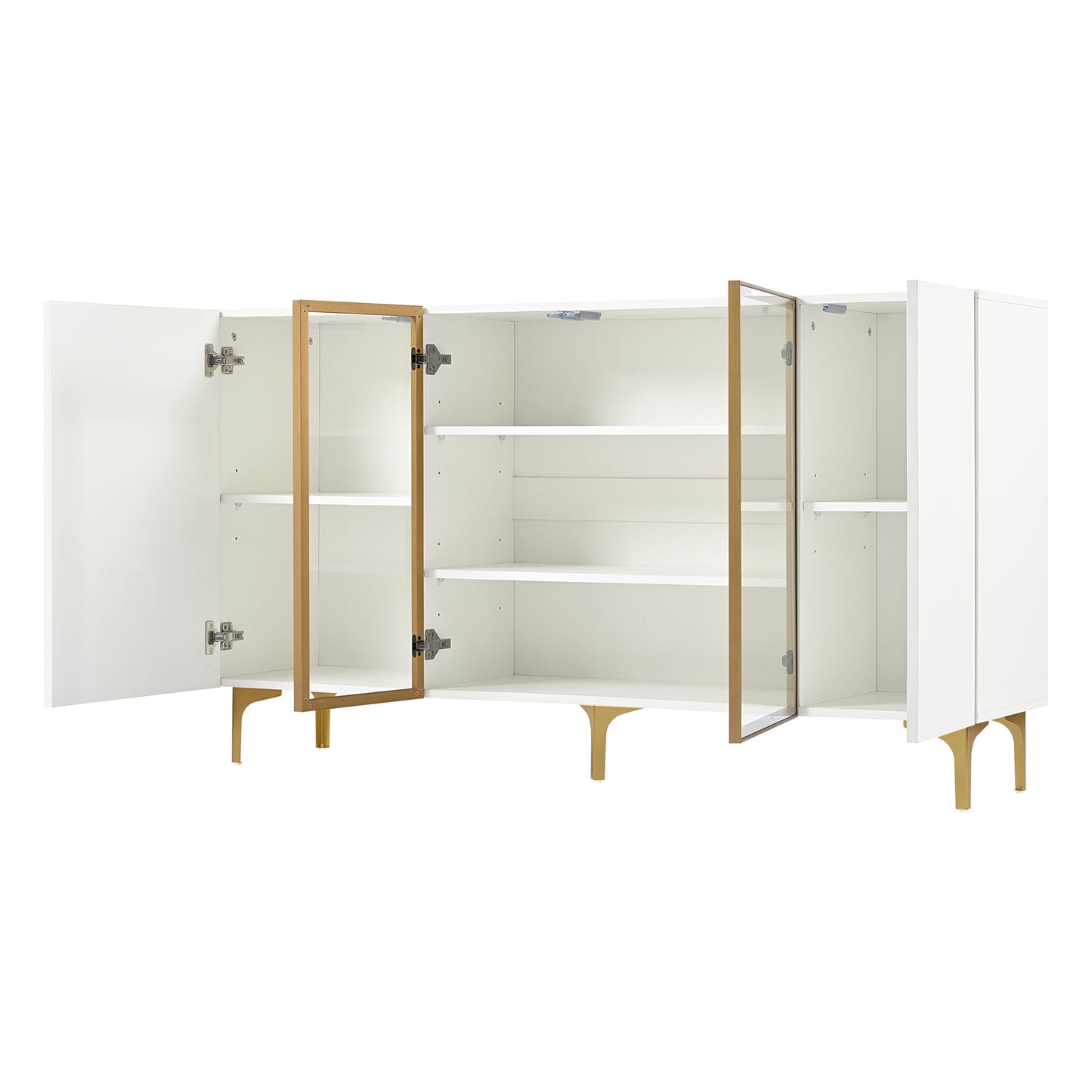 Sideboard – Dressoir – Buffetkast – Opbergkast – Kast – Modern Wit – Greeploos Design – Glasvitrine – Gouden Metalen Pootjes – 150x38x85 cm – MDF