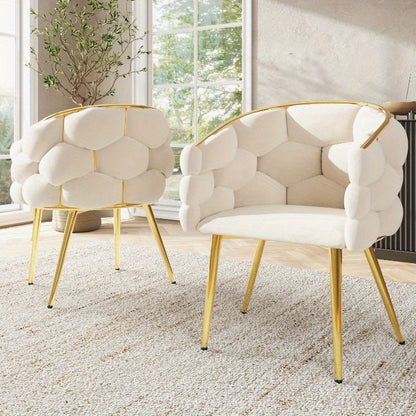 Accentstoelen – Eetkamerstoelen – Fauteuils – Woonkamerstoelen – Bureau Stoelen – Set Van 2 – Beige Bouclé Stof – Gouden Metalen Poten – Geen Montage Nodig – Gemakkelijk Schoon Te Maken