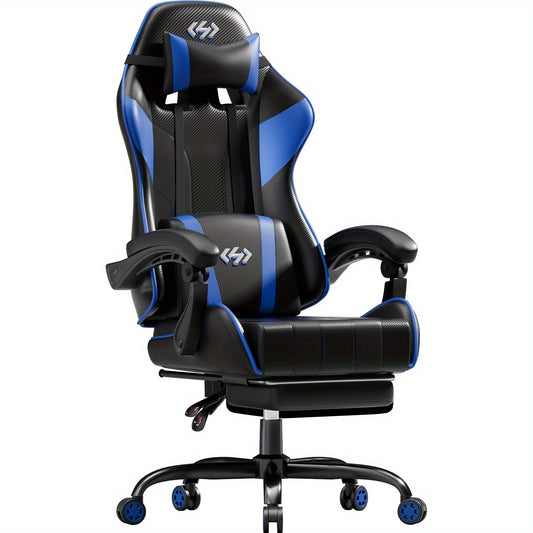 Gamingstoel – Gamestoel – Gaming Chair – Bureaustoel – Racestoel – Verstelbare Rugleuning 90°-135° – Uitschuifbare Voetensteun Zwart/Blauw – Ergonomische Lendensteun – Met Pocketveren