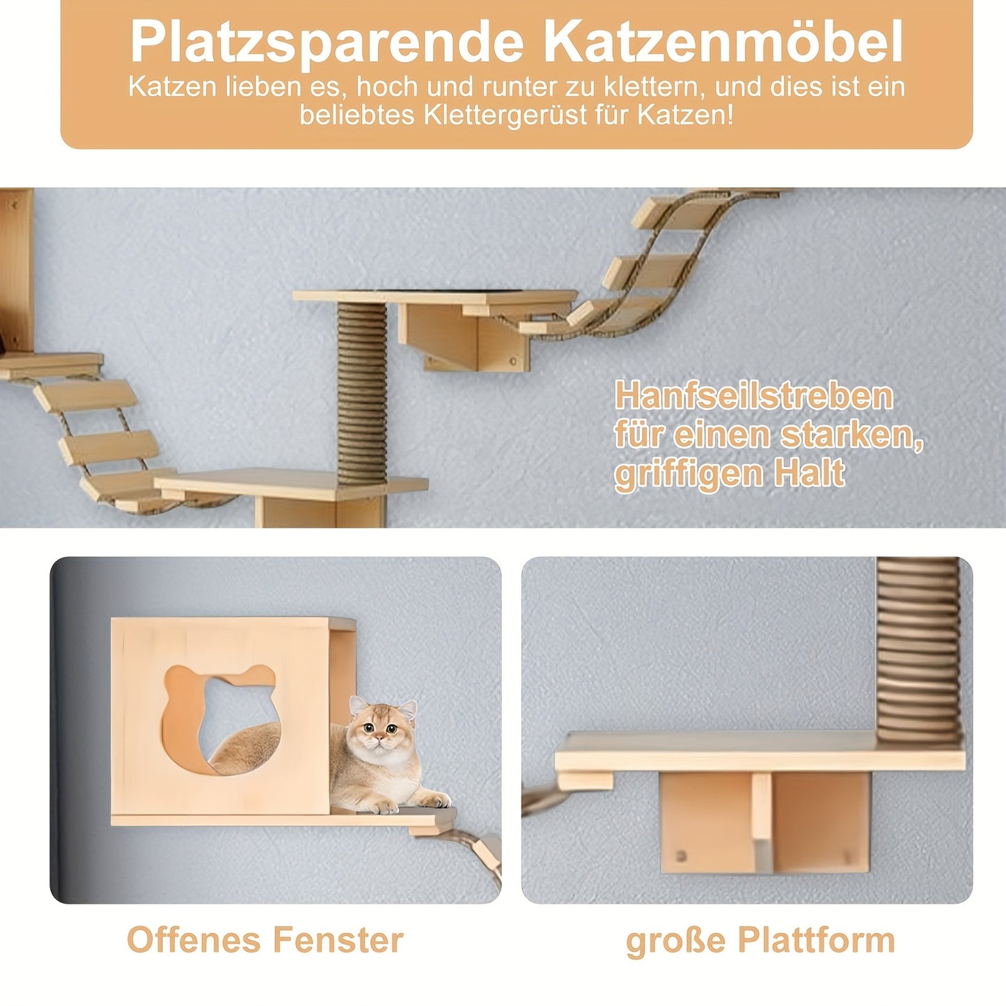 Katten Klimrek – Krabpaal – Klimpaal – Kattenhuis – Kattenplank – Wandmontage – Duurzaam Hout – Compleet 9-delig Systeem – Gele Variant