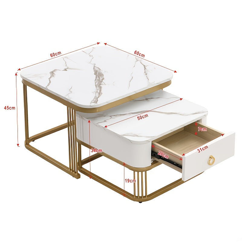 Salontafel Set – Koffietafel – Bijzettafel – Opbergtafel – Nesting Tafel – Hoogglans Wit Met Gouden Accenten – Uitklapbaar Design Met Lades