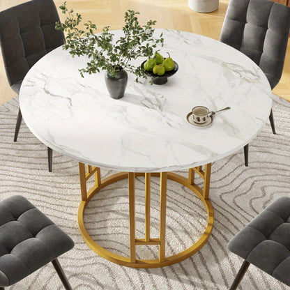 Ronde Eettafel – Rond Tafeltje – Keukentafel – Salontafel – Eetkamertafel – MDF Marmerlook Blad – Metalen Onderstel – Ø80x76cm – Voor 4 Personen