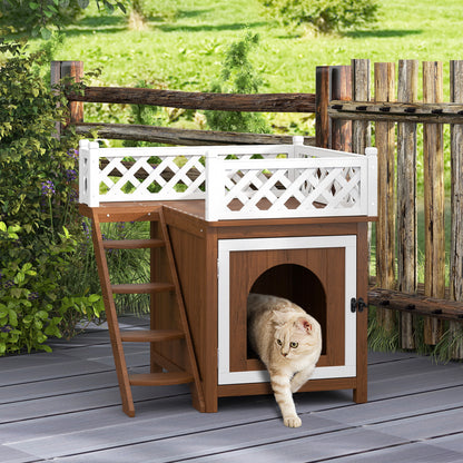 Tweeverdiepingen Kattenhuis – Kattenhut – Kattenverblijf – Kattenren – Konijnenhuis – Bruin – Duurzaam Dennenhout – Veilig Balkon Met Trapjes