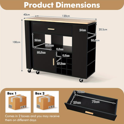 Keukenwagen – Keukeneiland – Serveerwagen – Opbergkast – Bartafel – Mobiel Met Vergrendelbare Wielen – 2-in-1 Draaibaar Werkblad – MDF En Rubberwood Uitvoering – Wit