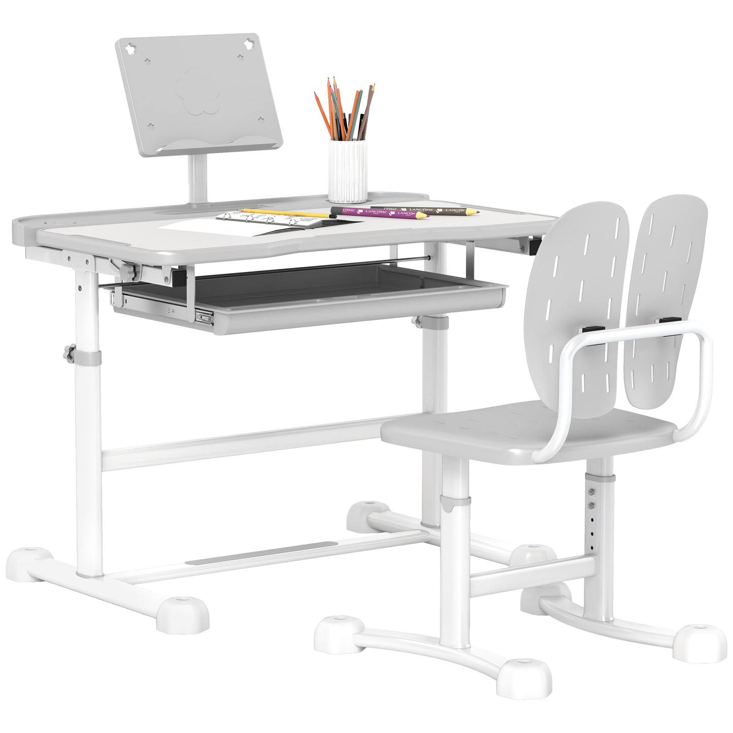 Kinderbureau met Stoel – Kindertafel – Schrijftafel – Studiehoek – Speeltafel – 45° Verstelbaar Werkblad – Hoogte Verstelbaar Grijs