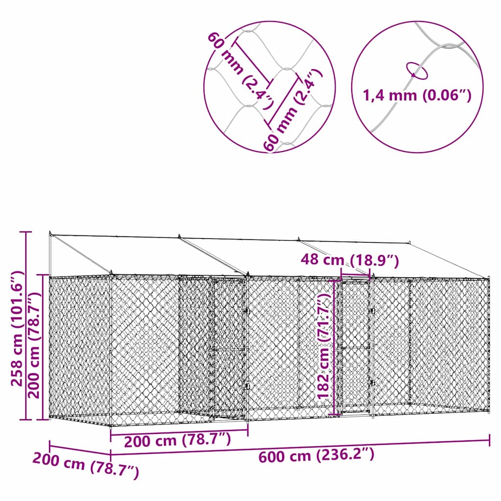 Hondenbench – Hondenkooi – Buitenkennel – Hondenren – Hondenverblijf – Verzinkt Staal – Weerbestendig Polyethyleen Dak – 6x2x2,56 m