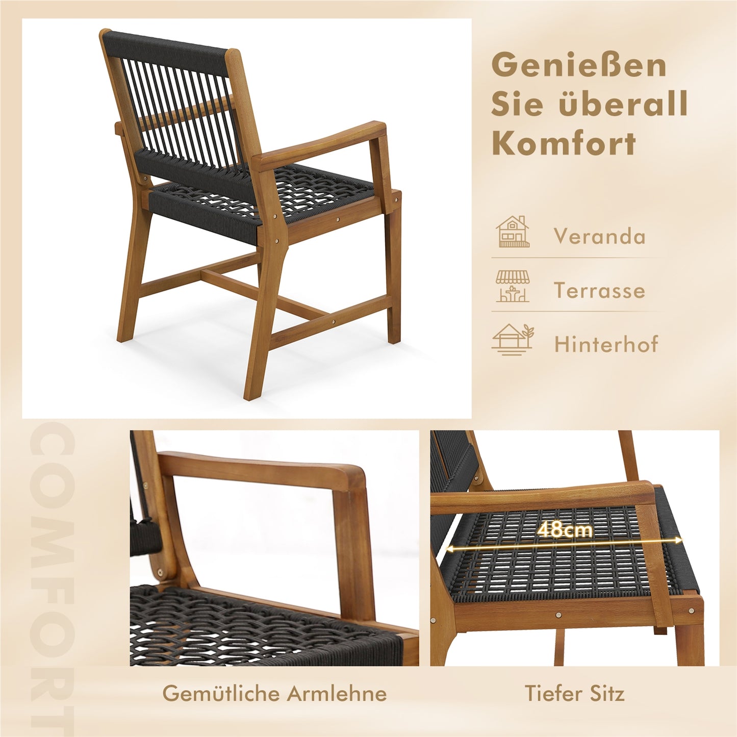 Tuinstoel – Balkonstoel – Terrasstoel – Eetkamerstoel – Bistrootafelstoel – Acaciahouten Frame – Belastbaar Tot 160 Kg