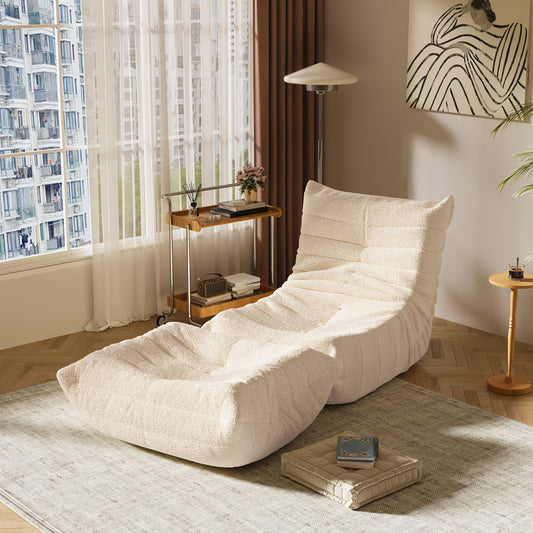 Loungestoel – Zitzakstoel – Armloze Fauteuil – Accentstoel – Chaise Lounge – Ergonomisch Ontwerp – Zachte Sherpa Bekleding – Beige Met Voetenbank