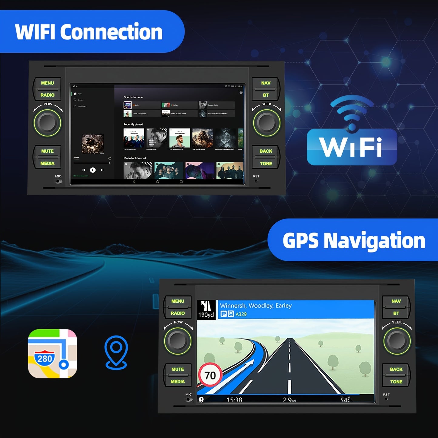 Autostereo – Car Radio – Autoradio – Multimedia Autoradio – Android 14 Stereosysteem – 7 Inch Touchscreen – Draadloze CarPlay & Android Auto – GPS Navigatie – Dual Camera Support – Voor Ford Modellen – Inclusief Microfoon en Installatietools