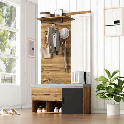 Houten Meubelset Hal – Kledingkast – Schoenenbank – Spiegel – Opbergkast – Hardhout Particleboard – Functioneel Zonder Stroom – Ruimtebesparend Design