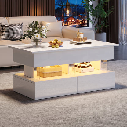 Salontafel – Koffietafel – Tafel – Woonkamertafel – Bijzettafel – Verstelbare Hoogte – Uitschuifbare Opbergruimte – Glanzend Wit – Lift-Top Mechanisme