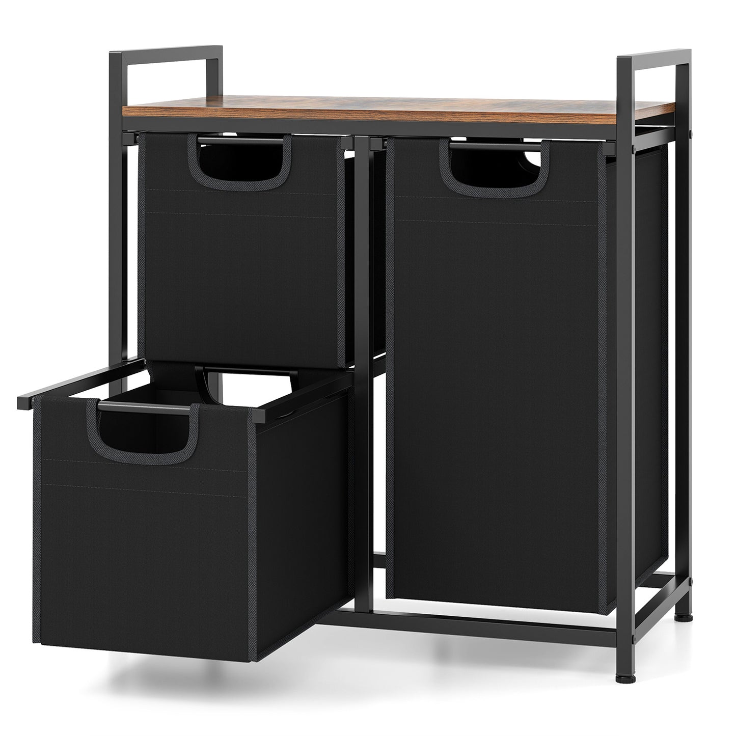 Wasmand – Wasbak – Wasbox – Waskrat – Laundry Hamper – 3 Compartimenten – 75L Metalen Frame & Afneembare Waszakken – Met Opbergrek Zwart met Rustiek Bruin