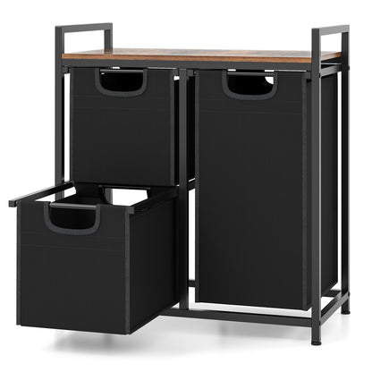 Wasmand – Wasbak – Wasbox – Waskrat – Laundry Hamper – 3 Compartimenten – 75L Metalen Frame & Afneembare Waszakken – Met Opbergrek Zwart met Rustiek Bruin