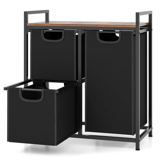 Wasmand – Wasbak – Wasbox – Waskrat – Laundry Hamper – 3 Compartimenten – 75L Metalen Frame & Afneembare Waszakken – Met Opbergrek Zwart met Rustiek Bruin