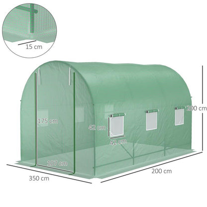Heavy Duty Greenhouse with Galvanized Steel Frame & PE Cover - 350x200cm Large Walk-In Tunnel Greenhouse with Door, 6 Windows, Ground Anchors & Guy Lines, All-Weather Insulated Plant Growing Tent for Backyard, Garden, Terrace