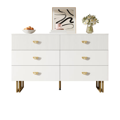 Modern Sideboard – Dressoir – Opbergkast – Ladekast – Sidecabinet – Wit Met Gouden Accenten – 6 Ruime Lades – Stevige MDF En Stalen Constructie