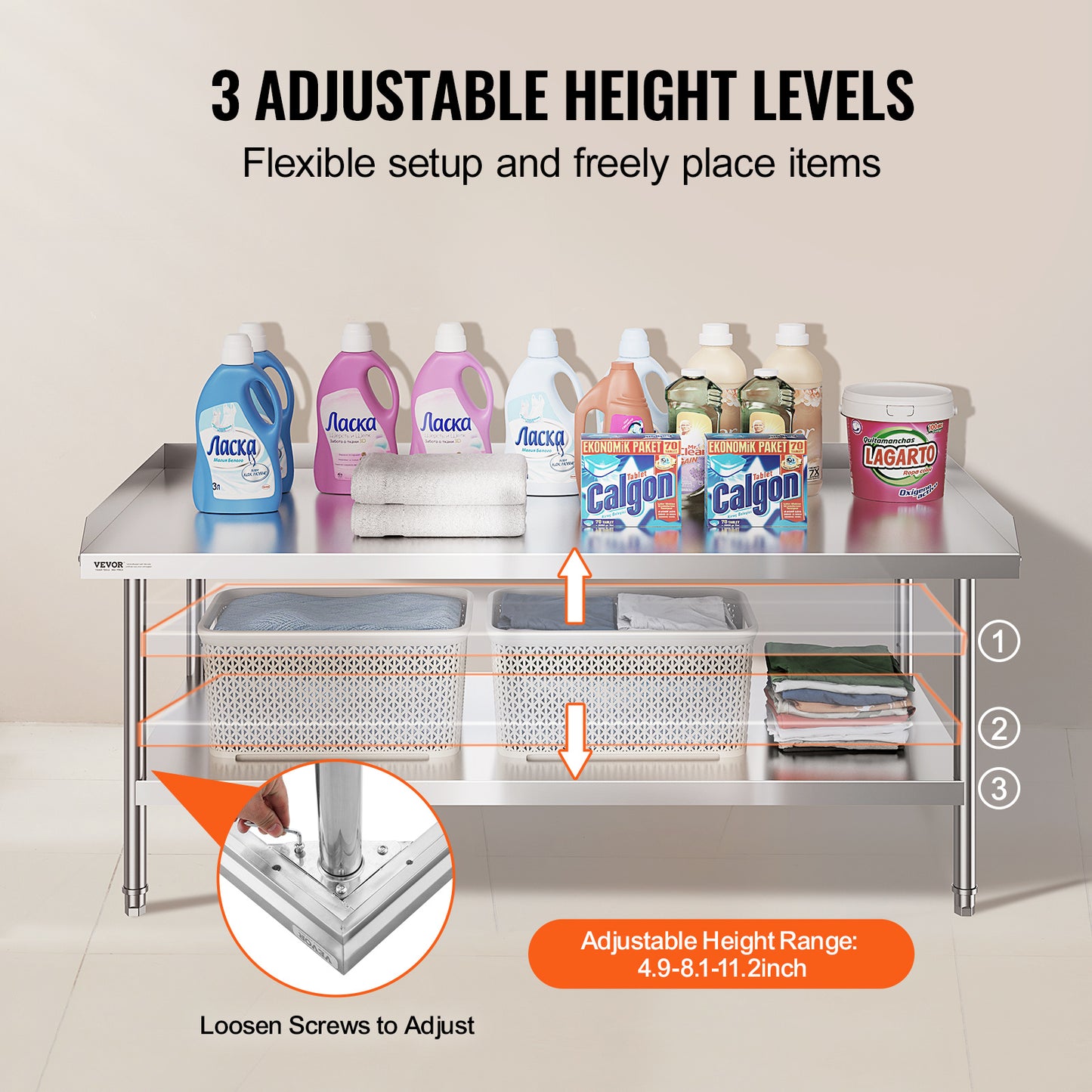 Roestvrijstalen Werktafel – RVS Werkbank – Keukentafel – Werkblad – Cateringtafel – 76x152 cm – 304 Roestvrij Staal – 3 Verstelbare Planken