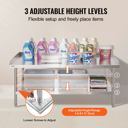 Roestvrijstalen Werktafel – RVS Werkbank – Keukentafel – Werkblad – Cateringtafel – 76x152 cm – 304 Roestvrij Staal – 3 Verstelbare Planken