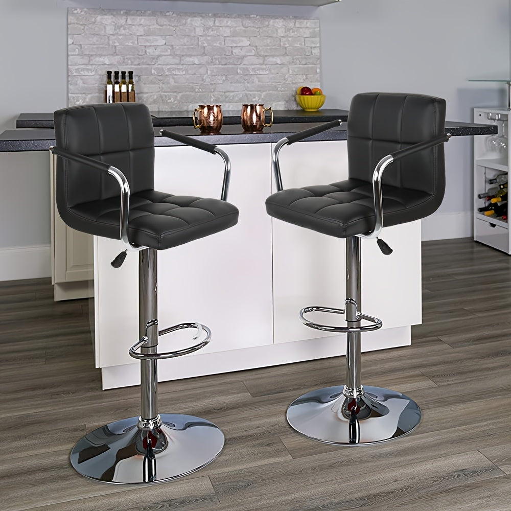 2pcs Faux Leather Bar Stools Set | 63.5cm To 83.82cm Adjustable Height Swivel Counter Stools With Padded Seat, Backrest & Footrest, Modern PU Kitchen Island Chairs For Home Bar, Cafe Style (Black)