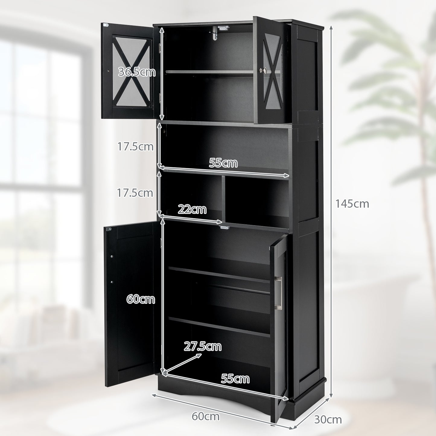 Badkast – Opbergkast – Vloerkast – Badkamermeubel – Kast Met Acryldeuren – Verstelbare Planken – 60x30x145 cm – MDF Material