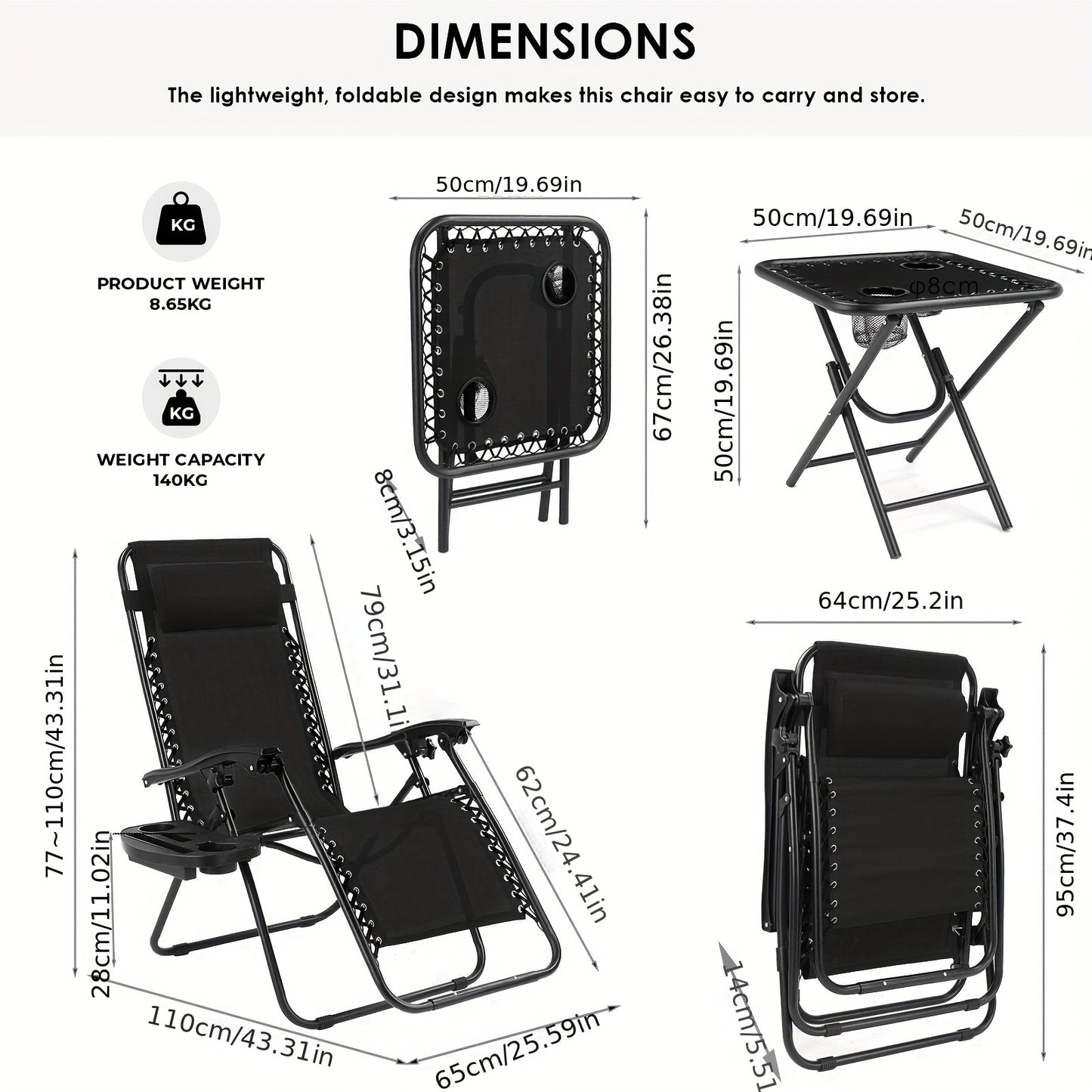Ligstoel – Tuinstoel – Strandstoel – Campingstoel – Ligbed – Verstelbare Rugleuning – Opvouwbaar Met Zijtafel – Zwart – Stevig Lichtgewicht Frame