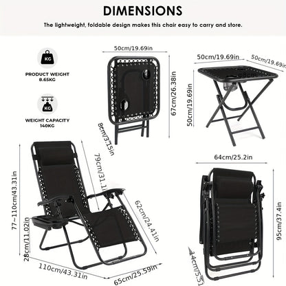 Ligstoel – Tuinstoel – Strandstoel – Campingstoel – Ligbed – Verstelbare Rugleuning – Opvouwbaar Met Zijtafel – Zwart – Stevig Lichtgewicht Frame