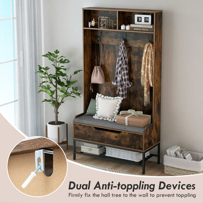 Hall Tree – Kapstok – Garderobebank – Schoenenkast – Halmeubel – 4-in-1 Ontwerp met Zitkussen – Anti-Kantel Beveiliging – Ruime Opbergruimte – Rustiek Bruin